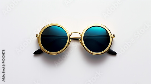 Round retro sunglasses, designer women's glasses with gold frames and turquoise lenses centered on white background, trendy fashion hipster sunglasses , fashion influencer, front view 