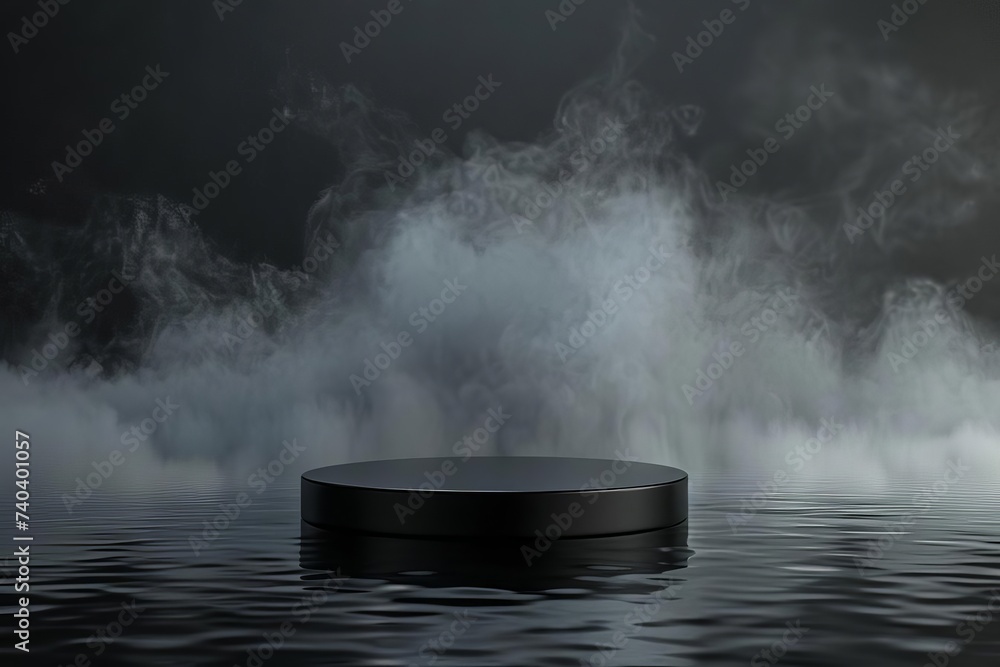 Modern abstract concept with a sleek black background and a sophisticated podium surrounded by mystical fog and reflective water Showcasing luxury products