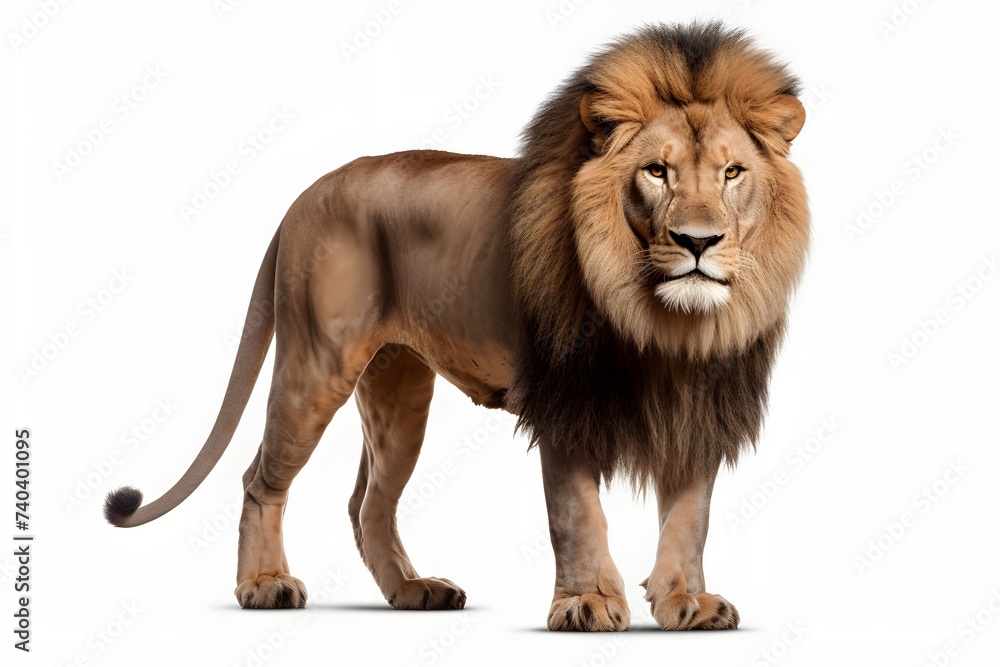adult lion standing on white background posing for the camera, full body