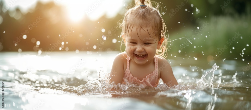 Joyful little girl playing in refreshing water surrounded by floating hair, enjoying summer fun Joyful little girl playing in refreshing water surrounded by floating hair, enjoying summer fun