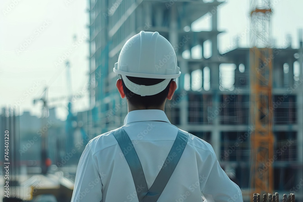 Rear view of a construction engineer overseeing a site Concept of leadership and project management in building