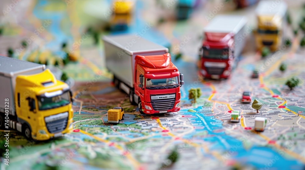 Miniature trucks on a map, concept for logistics and transportation