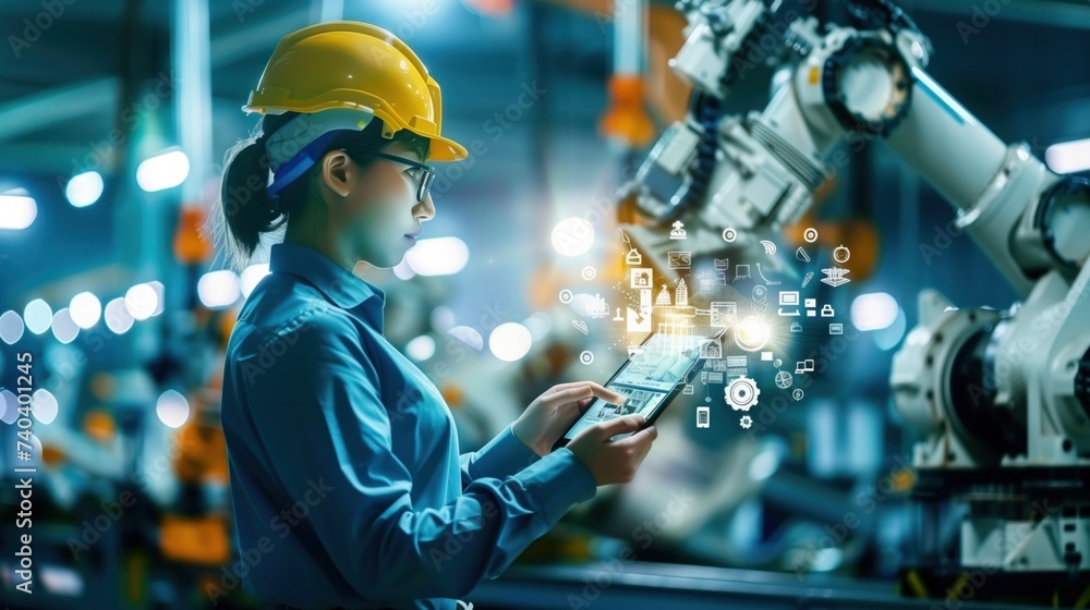 Female engineer with a tablet controlling automated robotics in a manufacturing unit. Female engineer with a tablet controlling automated robotics in a manufacturing unit.