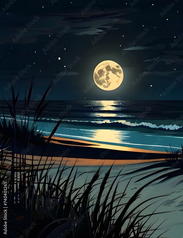 Beach Grass Silhouette Blowing in the Full Moon Night 4K Loop features a scene with an ocean and full moon hanging low in the background with a silhouette of long grass blowing in the wind. Generative