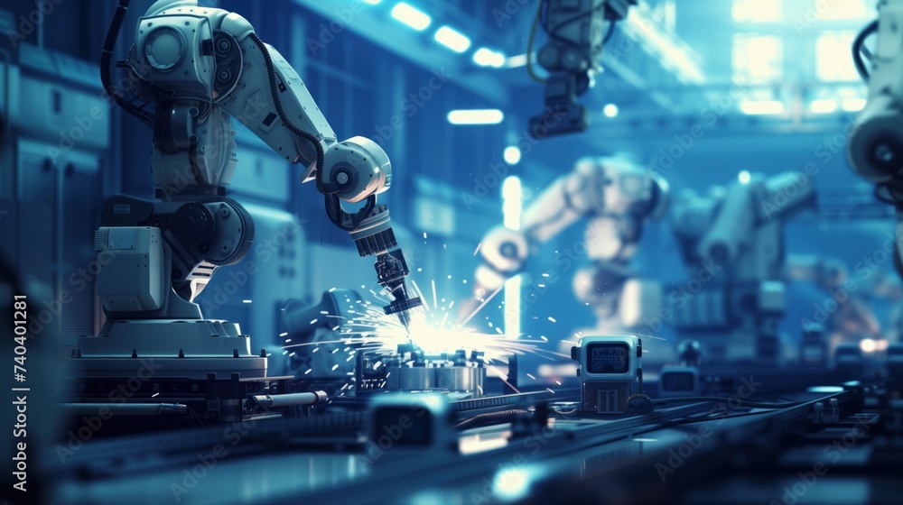 Industrial robotic arms welding on an assembly line with sparks in a technology-driven factory. Industrial robotic arms welding on an assembly line with sparks in a technology-driven factory.
