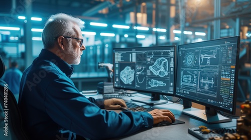 focused engineer with glasses analyzing CAD designs on multiple computer monitors.