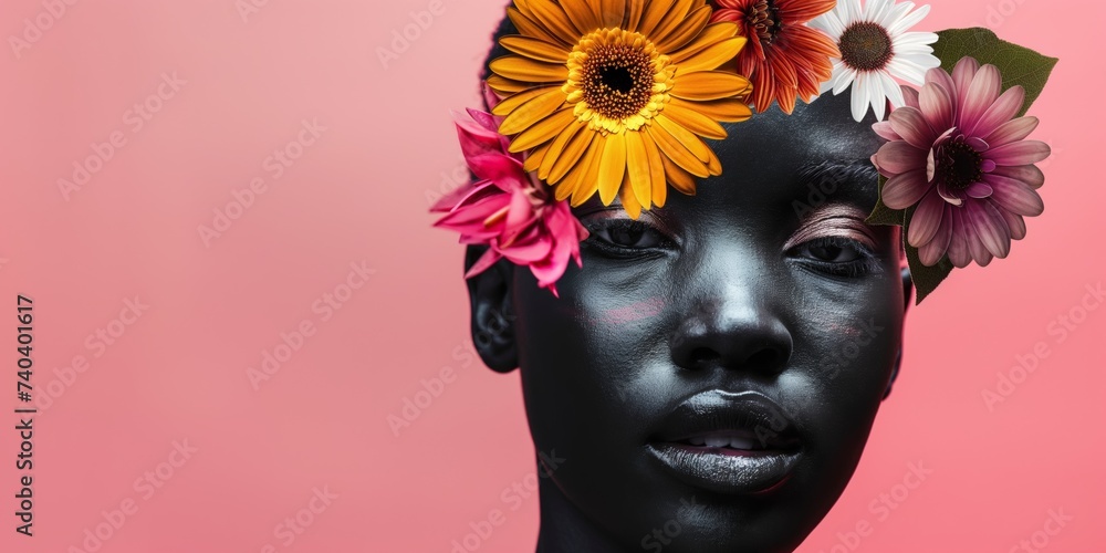 Portrait of African, black, young woman with flowers on face, Abstract contemporary art collage
