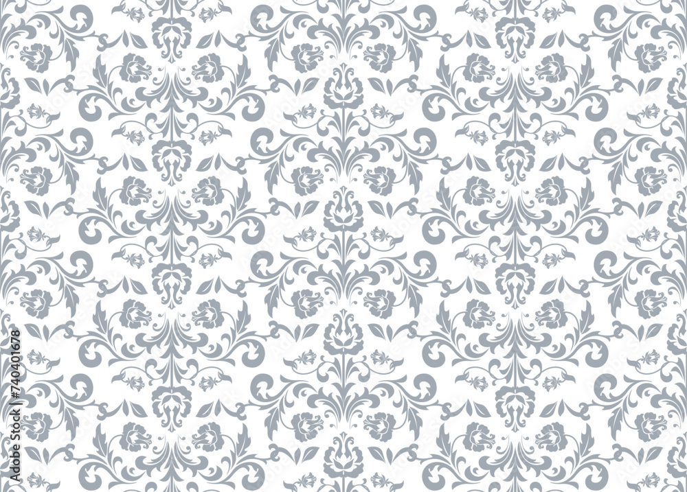 Wallpaper in the style of Baroque. Seamless vector background. White and gray floral ornament. Graphic pattern for fabric, wallpaper, packaging. Ornate Damask flower ornament.