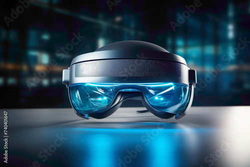 A futuristic 3D-rendered virtual reality headset placed on a sleek, high-tech table, symbolizing the immersive world of technology