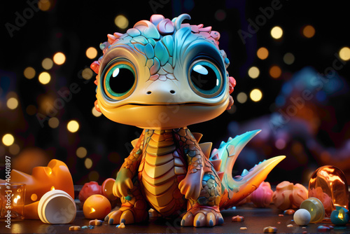 A small robotic dinosaur toy perched on a table, surrounded by vibrant, glowing stars in a make-believe night sky.