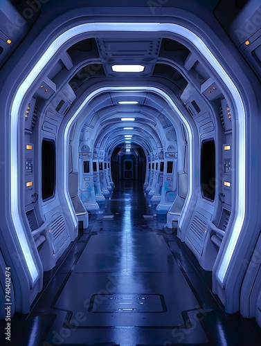 A futuristic spaceship with a tunnel-like corridor stretching forward  illuminated by ambient blue light for an ethereal quality  showcases the convergence of advanced technology and sleek design