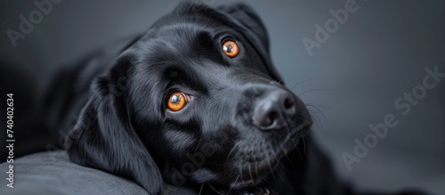 a black dog with orange eyes is laying down on a bed . High quality