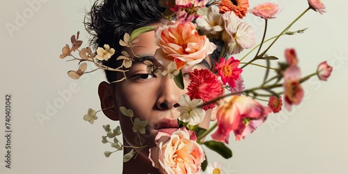 Portrait of an Asian young man with flowers adorning his face, showcasing an abstract contemporary art collage.
