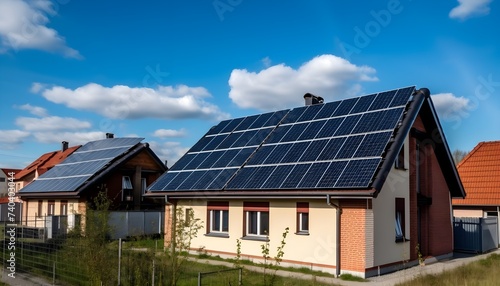 Newly built houses with solar panels on the roof under a bright sky