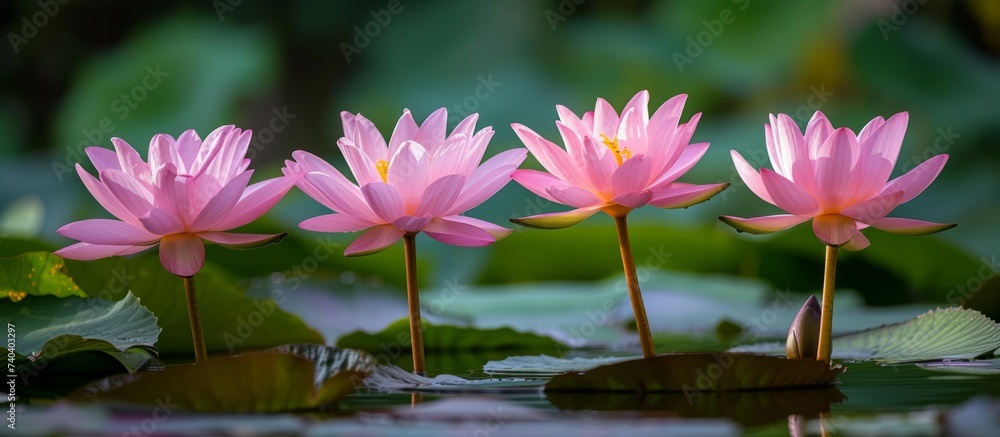Beautiful pink flowers blooming in serene water creating a peaceful atmosphere Beautiful pink flowers blooming in serene water creating a peaceful atmosphere