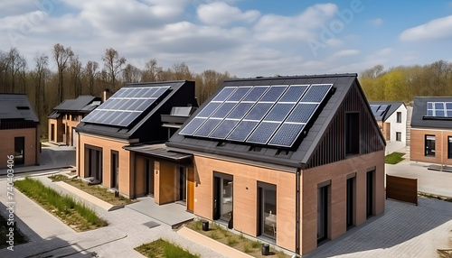 Newly built houses with solar panels on the roof under a bright sky