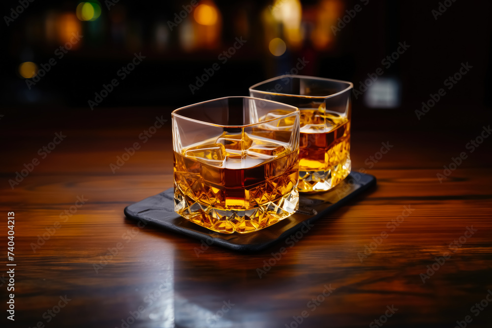 two crystal glasses with whiskey on a wooden table and dark background two crystal glasses with whiskey on a wooden table and dark background