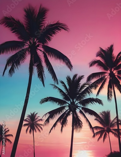 Wide-format tropical sunset with radiant palm silhouettes against a gradient sky of pink and blue hues  perfect for vacation themes. Holiday background. Empty  copy space for text. Generative AI