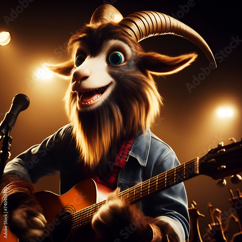 Anthropomorphic goat is singing like a rock star with guitar, cute cartoon Wallpaper and Background for Mobile Cell Phone, Smartphone, Computer, Tablet, Cellphone, Wall Art for Home Decor photo