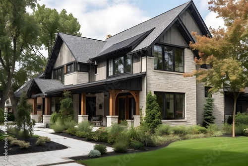 A brand new, white contemporary farmhouse with a dark shingled roof and black windows is seen in OAK PARK, IL, USA