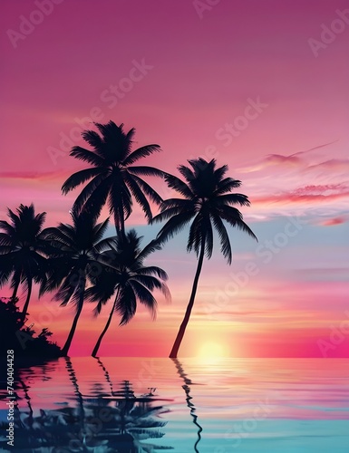 Wide-format tropical sunset with radiant palm silhouettes against a gradient sky of pink and blue hues, perfect for vacation themes. Holiday background. Empty, copy space for text. Generative AI © Fazal