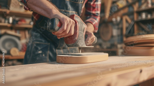 Closeup of a skilled DIYer carefully sanding down a custombuilt floating shelf exemplifying the dedication to smooth and seamless finishing in home projects.