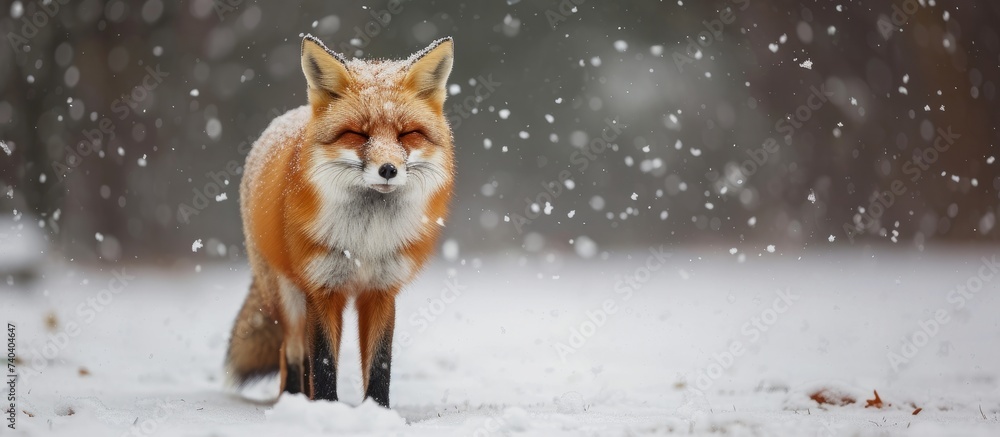 Majestic red fox exploring the winter wonderland landscape with snow on a cold day