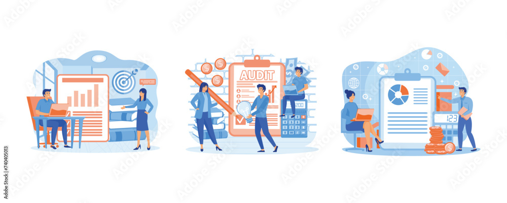 Audit concept. Business operation research and analysis. Financial inspection. Set flat vector modern illustration 