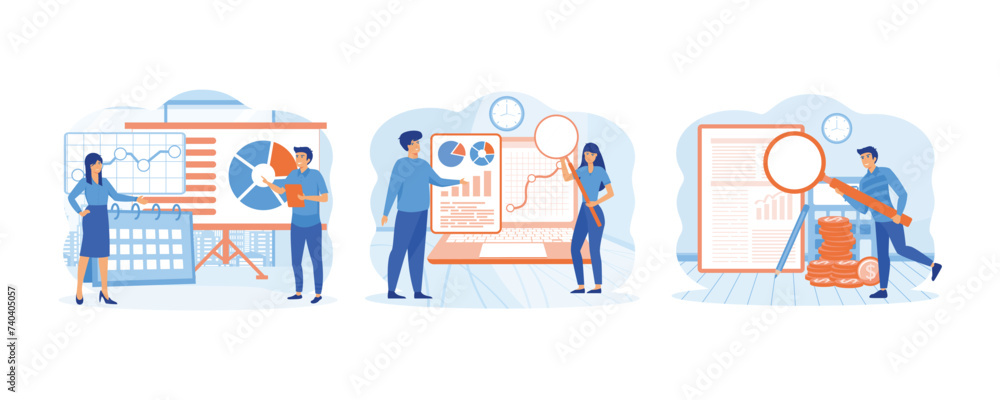 Audit concept. Man and woman analyzing Business operation using magnifying glass. Men study the financial statement. Set flat vector modern illustration 