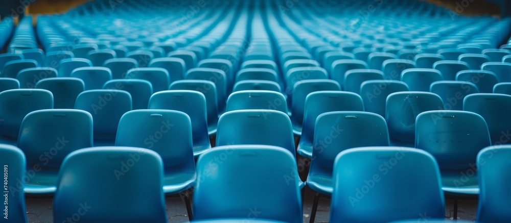 The electric blue chairs in the auditorium create a striking pattern of symmetry. The empty seats await an audience for the magentathemed event The electric blue chairs in the auditorium create a striking pattern of symmetry. The empty seats await an audience for the magentathemed event