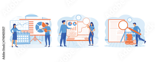 Audit concept. Man and woman analyzing Business operation using magnifying glass. Men study the financial statement. Set flat vector modern illustration 