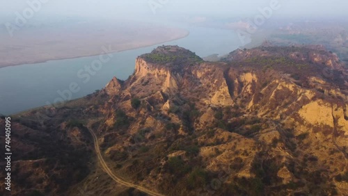 Aerial drone shot of sand and clay Hills of Chambal River Valley with semi arid moor landscape in Beehad of Morena Dholpur of Madhya Pradesh Rajasthan of India photo