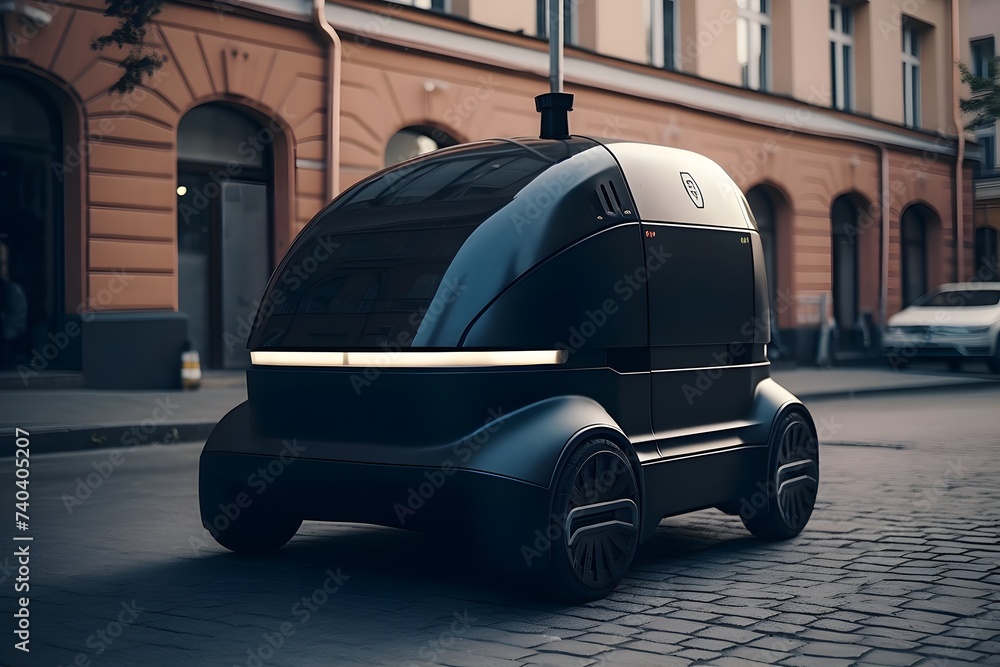 Future technology idea with an autonomous courier robot  - obrazy, fototapety, plakaty 