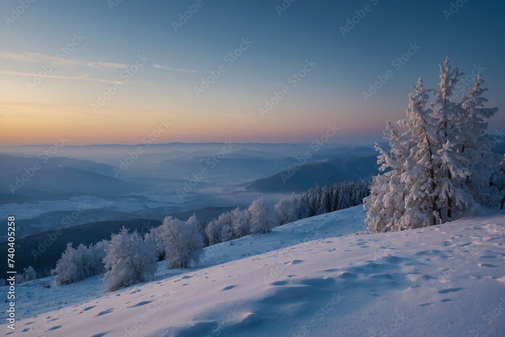 Fototapeta premium Serenity at Dusk - Winter Landscape Wall Art Print, Snowy Mountain Sunset - Photography style #5-21