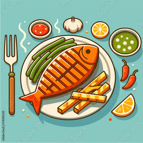 fried fish with sambal, french fries, fresh vegetables