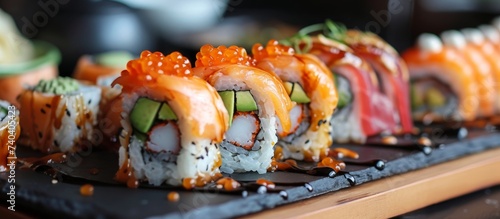 Delicious plate of fresh sui rolls with succulent salmon and creamy avocado slices