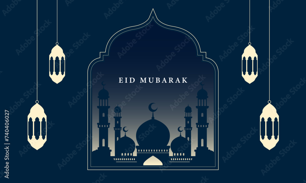Eid Mubarak greeting background design with mosque illustration. Vector Eid Mubarak greeting background design with mosque illustration. Vector