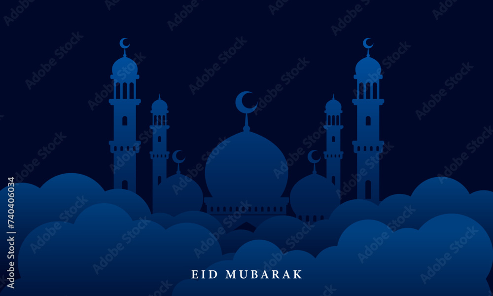 Eid Mubarak greeting background design with mosque illustration. Vector