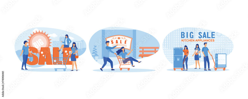 Big sale concept. Man push shopping cart with woman.  Big Sale of kitchen appliances. Set flat vector modern illustration 