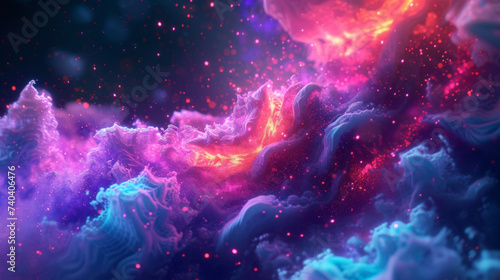 A burst of ultraviolet rays pierces the darkness revealing a psychedelic universe of fluorescent pinks and electric blues pulsing with energy and mystery.