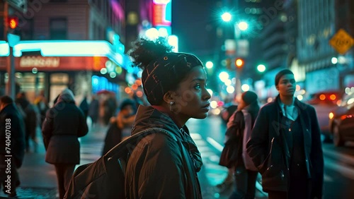 Medium shot in profile of a young African American woman standing on the street in New York City at night. photo