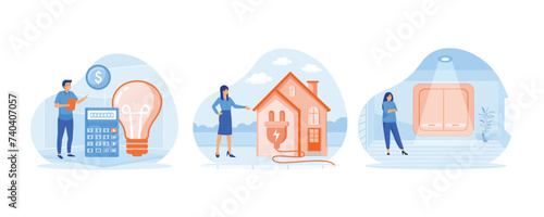 Energy consumption. Women use Energy Consumption in the household. Woman using Power save energy in the room. Set Flat vector modern illustration photo