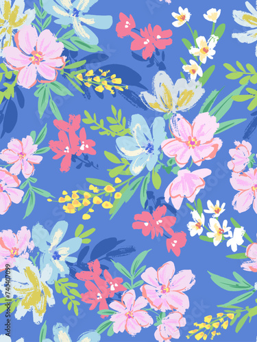 ピンクとブルーの草花の手描きシームレスパターン