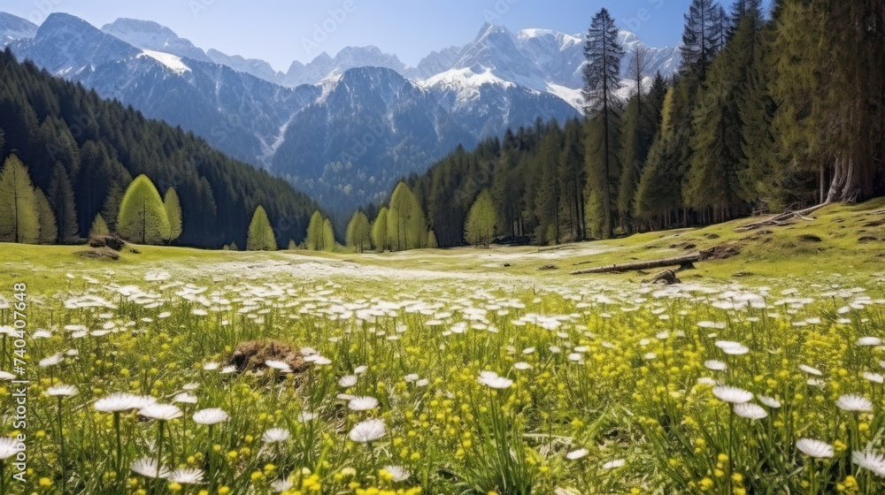 flower field in spring with mountain background