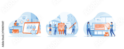 Man checking and paying utility bills online on his computer. People paying utilities. Worried and stressed over bills. Set flat vector modern illustration 
