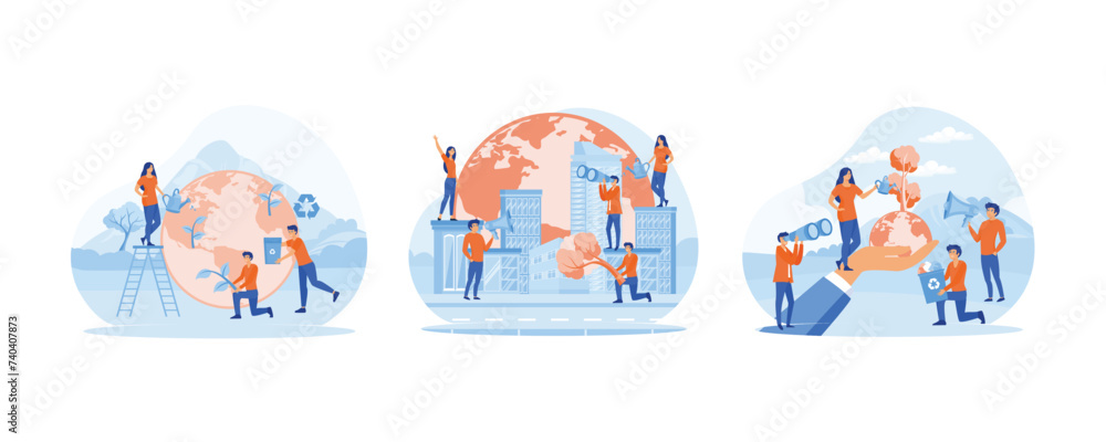 Ecology concept. Bio technology. People prepare for the holiday, save the planet from pollution. Set flat vector modern illustration Ecology concept. Bio technology. People prepare for the holiday, save the planet from pollution. Set flat vector modern illustration