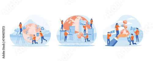 Ecology concept.  Bio technology.  People prepare for the holiday, save the planet from pollution. Set flat vector modern illustration 