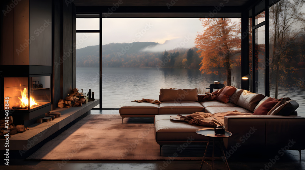 interior of a modern house, sofa and fireplace, windows overlooking the lake - obrazy, fototapety, plakaty 