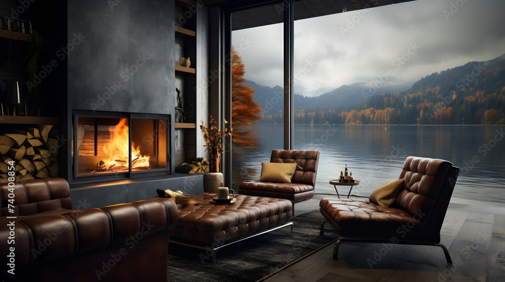 interior of a modern house, sofa and fireplace, windows overlooking the lake interior of a modern house, sofa and fireplace, windows overlooking the lake