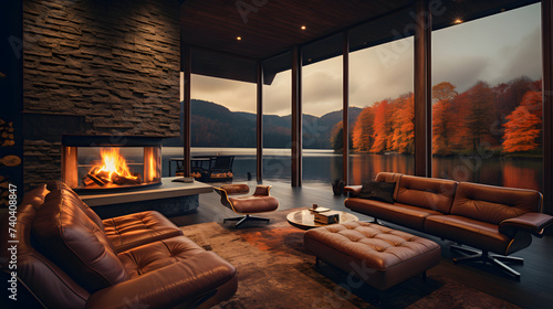 interior of a modern house, sofa and fireplace, windows overlooking the lake